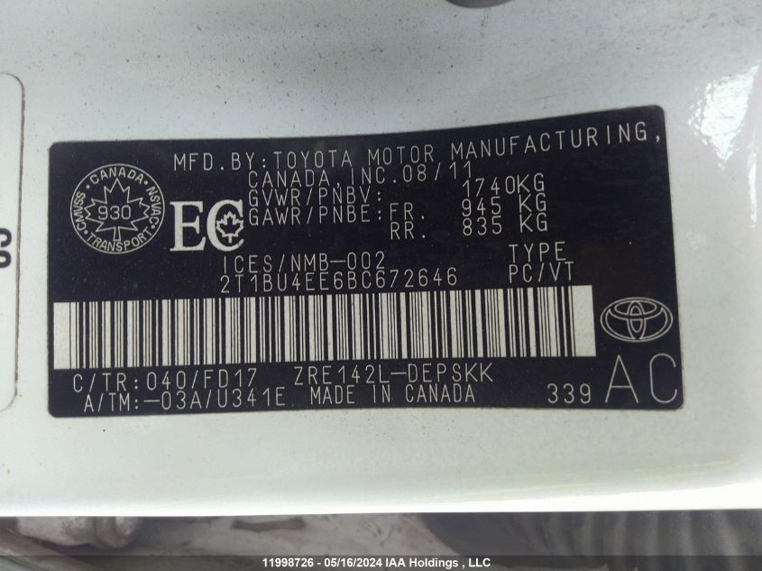 2011 Toyota Corolla S/Le VIN: 2T1BU4EE6BC672646 Lot: 11998726