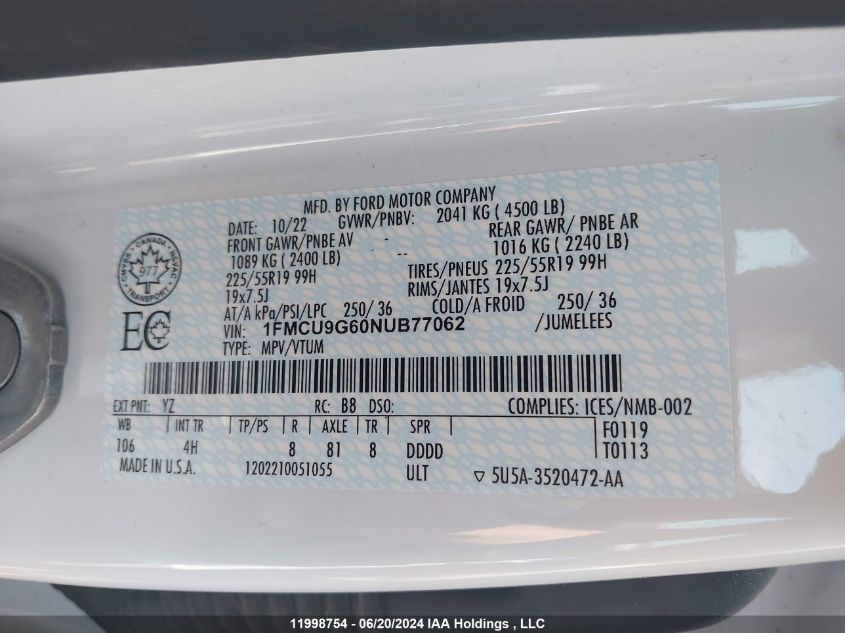 2022 Ford Escape Se VIN: 1FMCU9G60NUB77062 Lot: 11998754