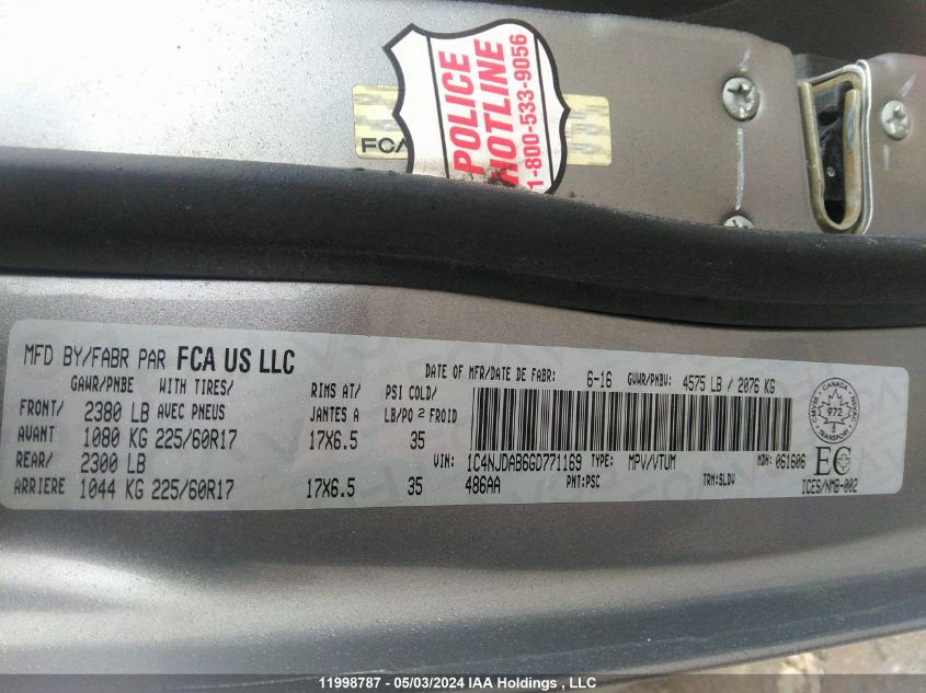 2016 Jeep Compass Sport VIN: 1C4NJDAB6GD771169 Lot: 11998787