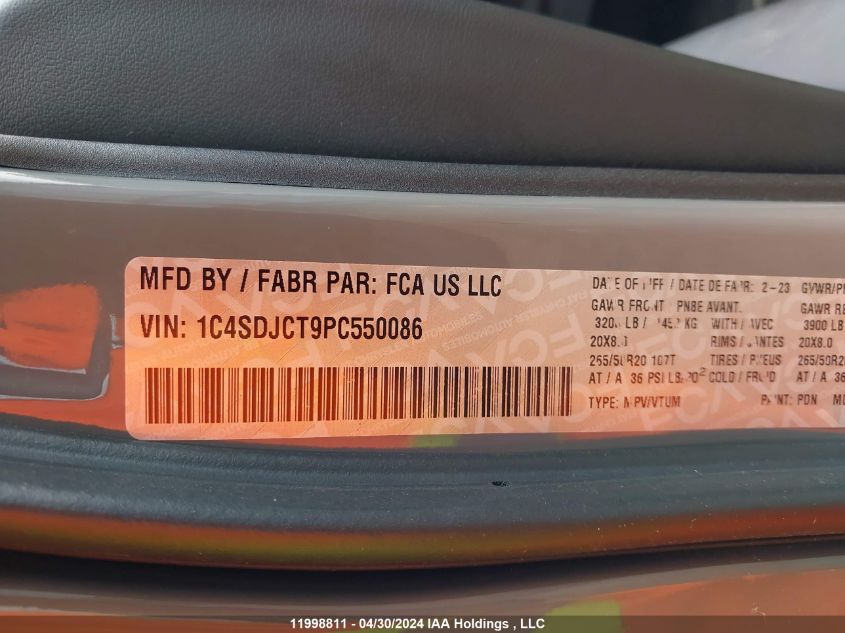 2023 Dodge Durango R/T VIN: 1C4SDJCT9PC550086 Lot: 11998811