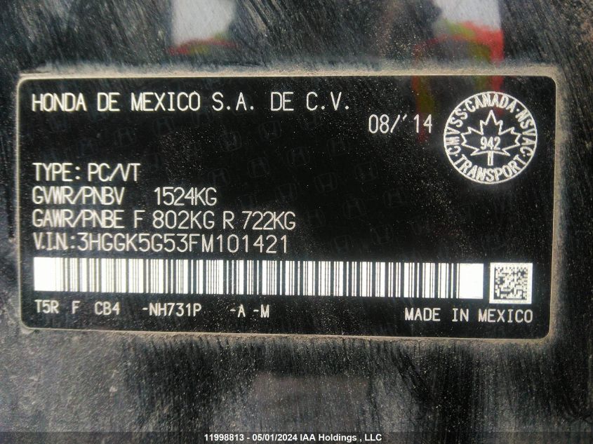 2015 Honda Fit Lx VIN: 3HGGK5G53FM101421 Lot: 11998813