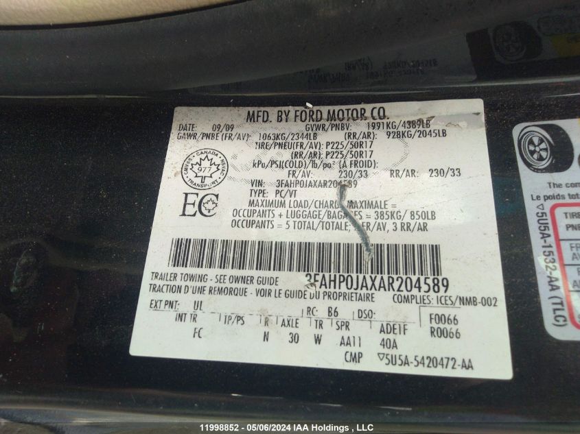 2010 Ford Fusion Sel VIN: 3FAHP0JAXAR204589 Lot: 11998852