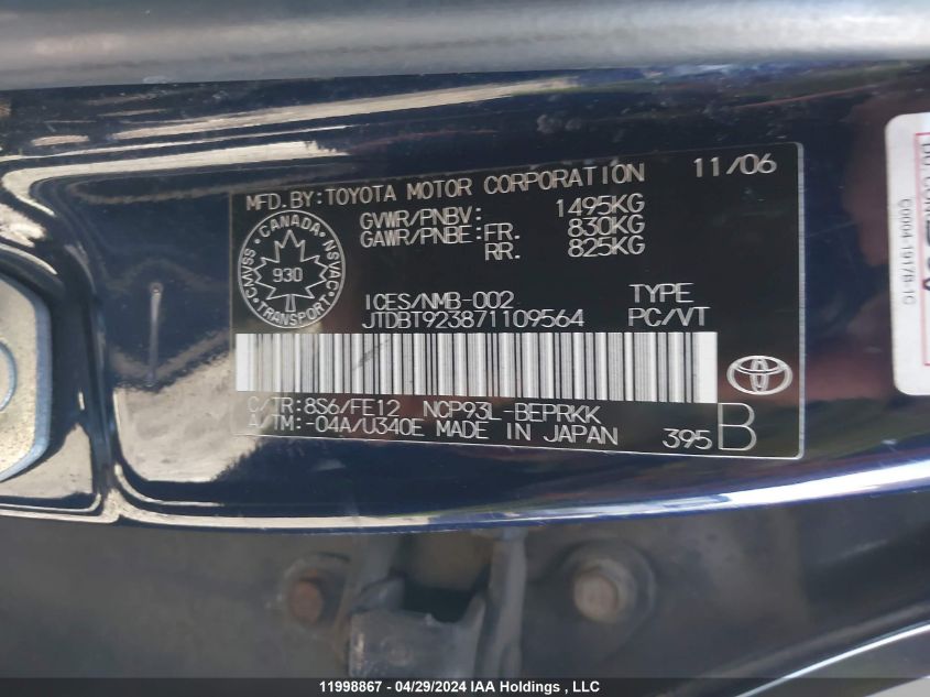 2007 Toyota Yaris VIN: JTDBT923871109564 Lot: 11998867