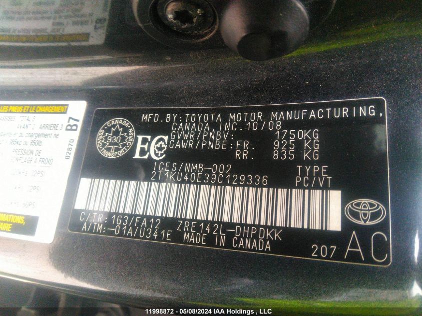 2009 Toyota Matrix VIN: 2T1KU40E39C129336 Lot: 11998872