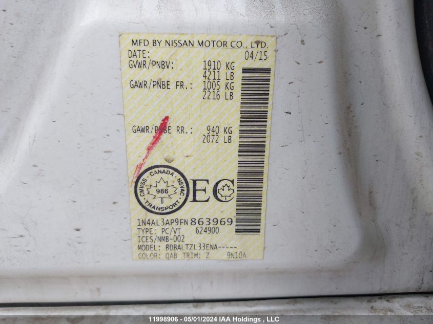 2015 Nissan Altima 2.5/S/Sv/Sl VIN: 1N4AL3AP9FN863969 Lot: 11998906