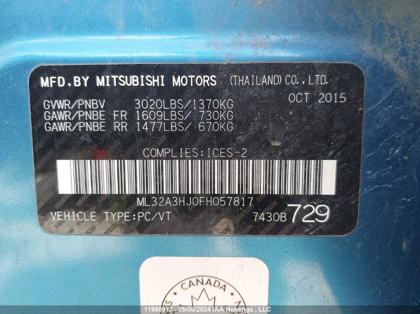 2015 Mitsubishi Mirage De VIN: ML32A3HJ0FH057817 Lot: 11998917