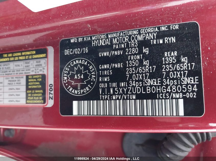 2017 Hyundai Santa Fe Sport 2.4 Premium VIN: 5XYZUDLB0HG480594 Lot: 11998924