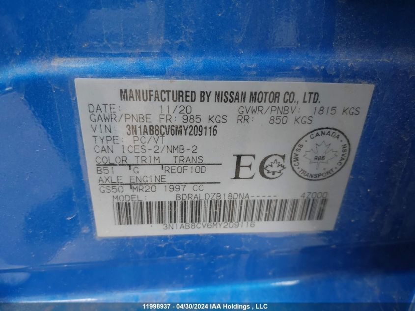 2021 Nissan Sentra VIN: 3N1AB8CV6MY209116 Lot: 11998937