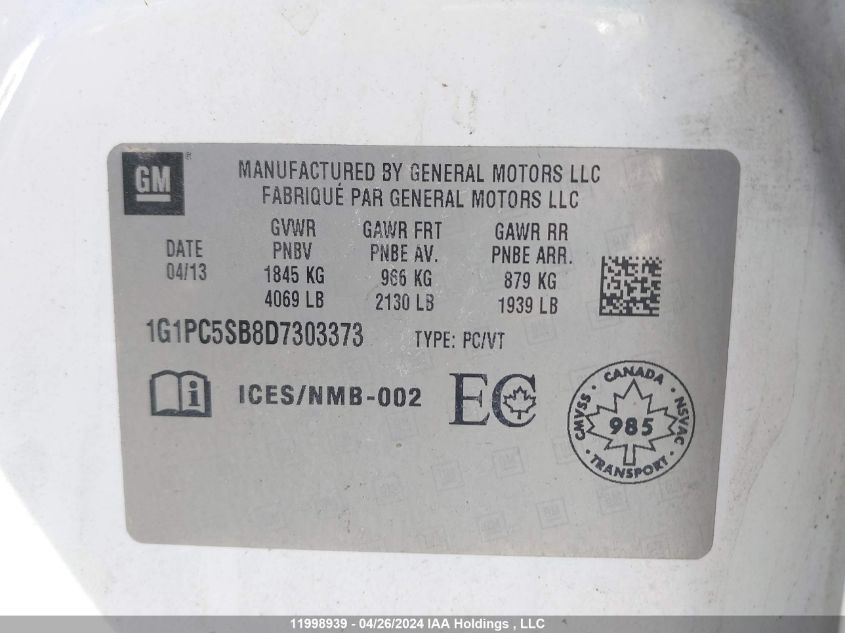 2013 Chevrolet Cruze VIN: 1G1PC5SB8D7303373 Lot: 11998939