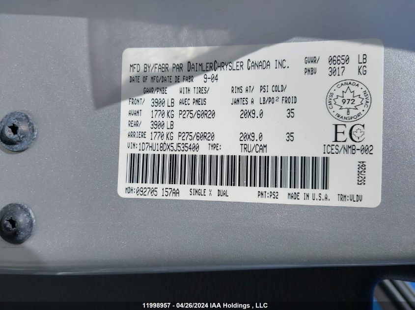 2005 Dodge Ram 1500 Slt/Laramie VIN: 1D7HU18DX5J535400 Lot: 11998957