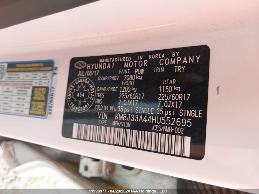 2017 Hyundai Tucson Limited/Sport And Eco/Se VIN: KM8J33A44HU552695 Lot: 11998977