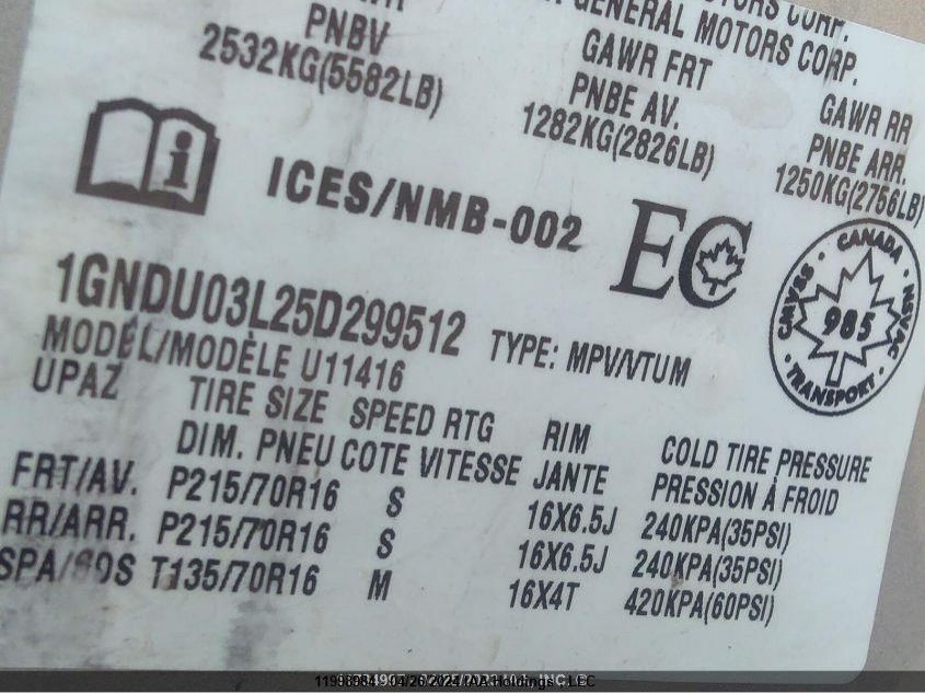 2005 Chevrolet Uplander VIN: 1GNDU03L25D299512 Lot: 11998984