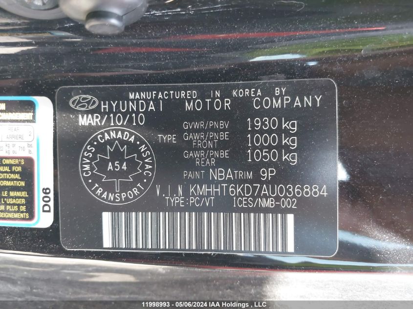 2010 Hyundai Genesis 2.0T Premium VIN: KMHHT6KD7AU036884 Lot: 11998993