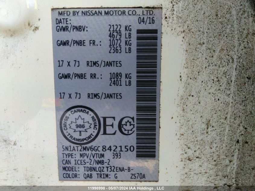 2016 Nissan Rogue VIN: 5N1AT2MV6GC842150 Lot: 11998998