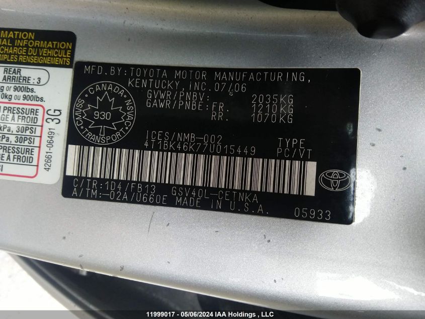 2007 Toyota Camry Le/Xle/Se VIN: 4T1BK46K77U015449 Lot: 11999017