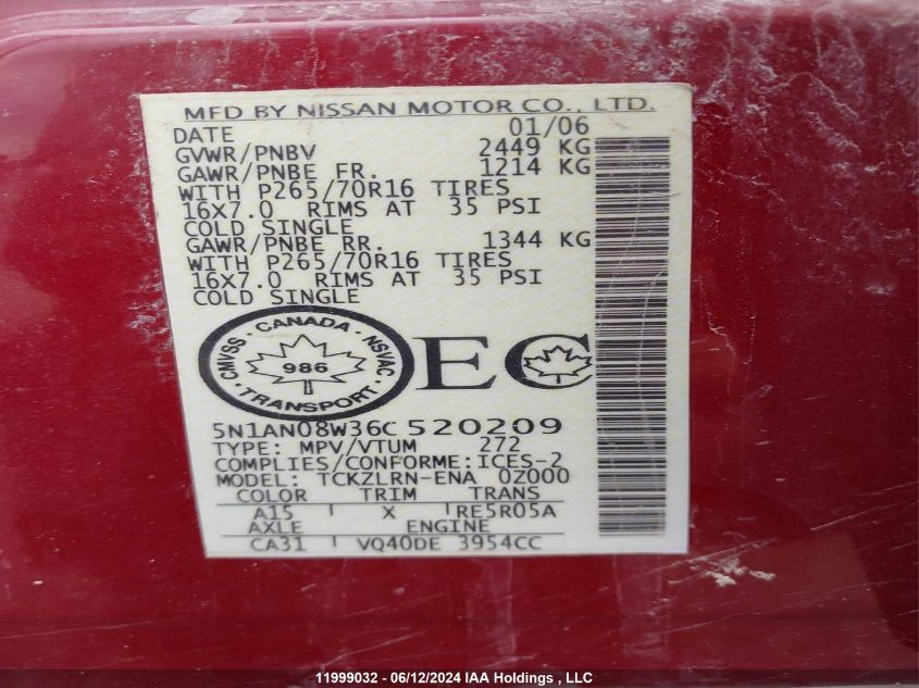 2006 Nissan Xterra Off Road/S/Se VIN: 5N1AN08W36C520209 Lot: 11999032