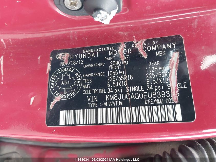 2014 Hyundai Tucson Limited VIN: KM8JUCAG0EU839356 Lot: 11999034