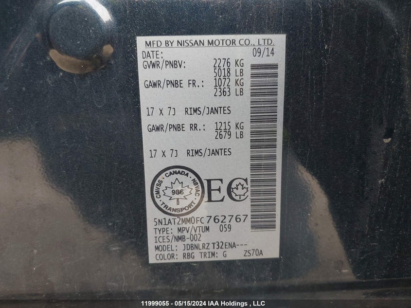 2015 Nissan Rogue VIN: 5N1AT2MM0FC762767 Lot: 11999055