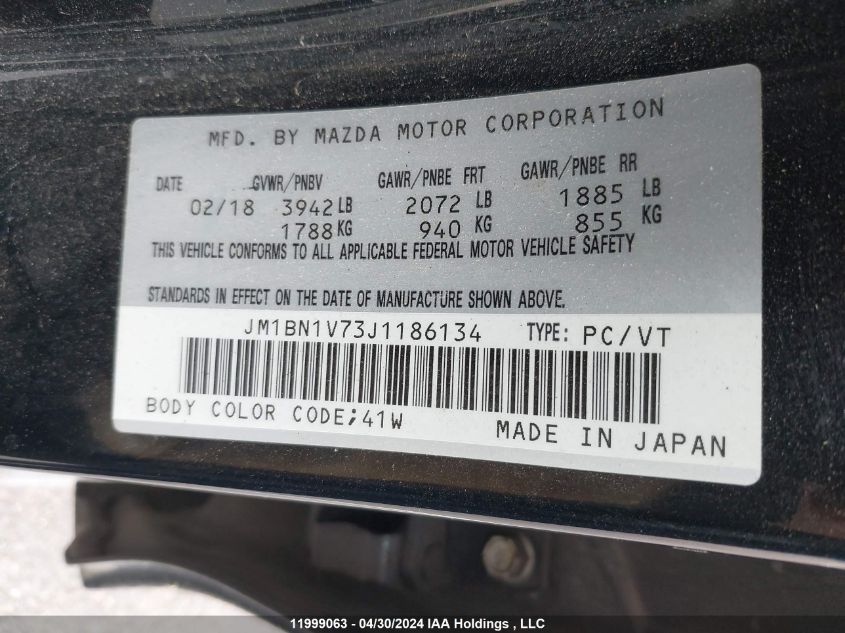 2018 Mazda 3 Touring VIN: JM1BN1V73J1186134 Lot: 11999063
