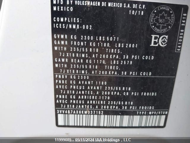 2019 Volkswagen Tiguan VIN: 3VV4B7AX6KM037152 Lot: 11999085