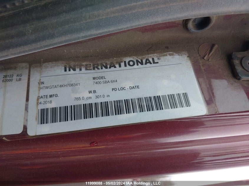 2019 International Workstar 7400 VIN: 1HTWGTAT4KH708341 Lot: 11999088