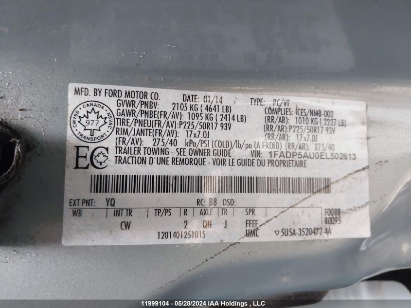 2014 Ford C-Max Se VIN: 1FADP5AU0EL502613 Lot: 11999104