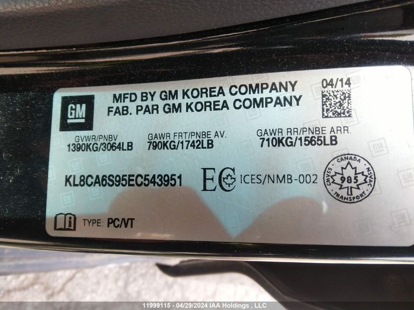 2014 Chevrolet Spark VIN: KL8CA6S95EC543951 Lot: 11999115