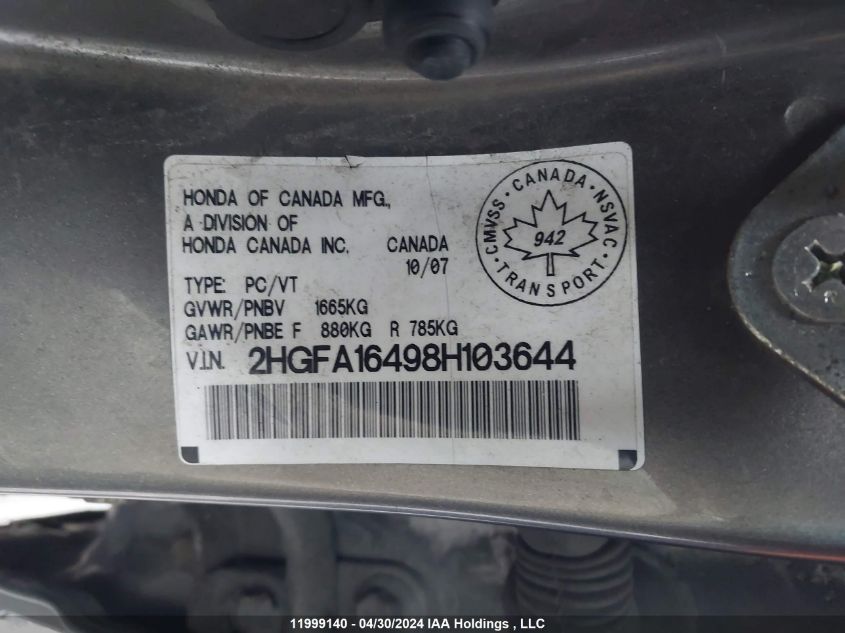 2008 Honda Civic VIN: 2HGFA16498H103644 Lot: 11999140