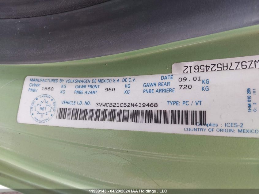 2002 Volkswagen New Beetle VIN: 3VWCB21C52M419468 Lot: 11999143