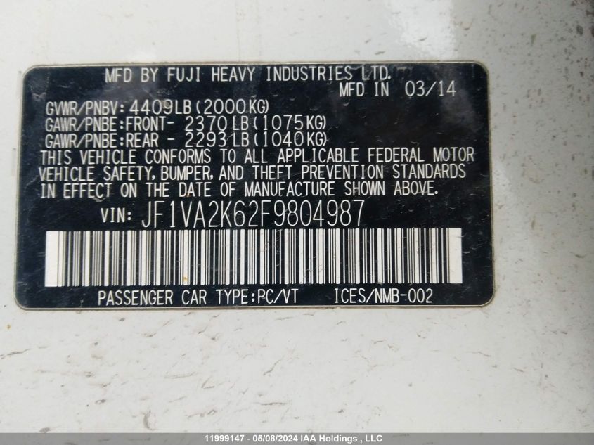 2015 Subaru Impreza 2.0I VIN: JF1VA2K62F9804987 Lot: 11999147