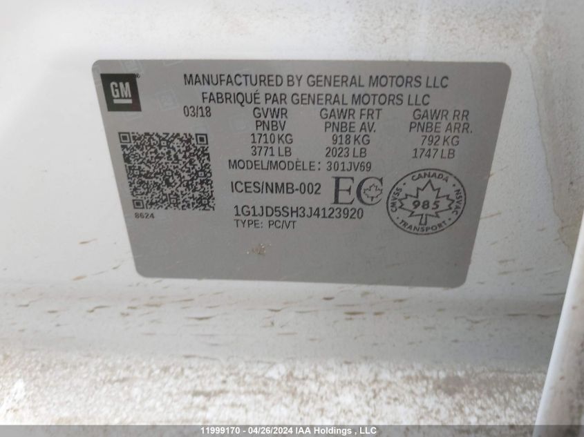 2018 Chevrolet Sonic Lt VIN: 1G1JD5SH3J4123920 Lot: 11999170