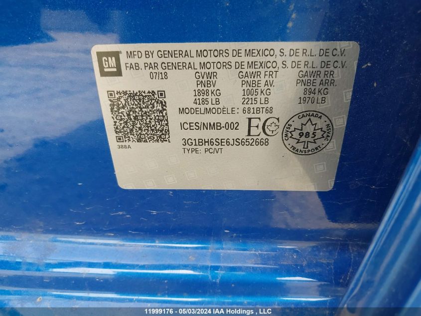 2018 Chevrolet Cruze VIN: 3G1BH6SE6JS652668 Lot: 11999176