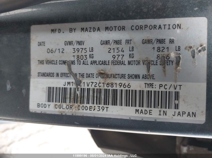 2012 Mazda 3 I VIN: JM1BL1V72C1681966 Lot: 11999196