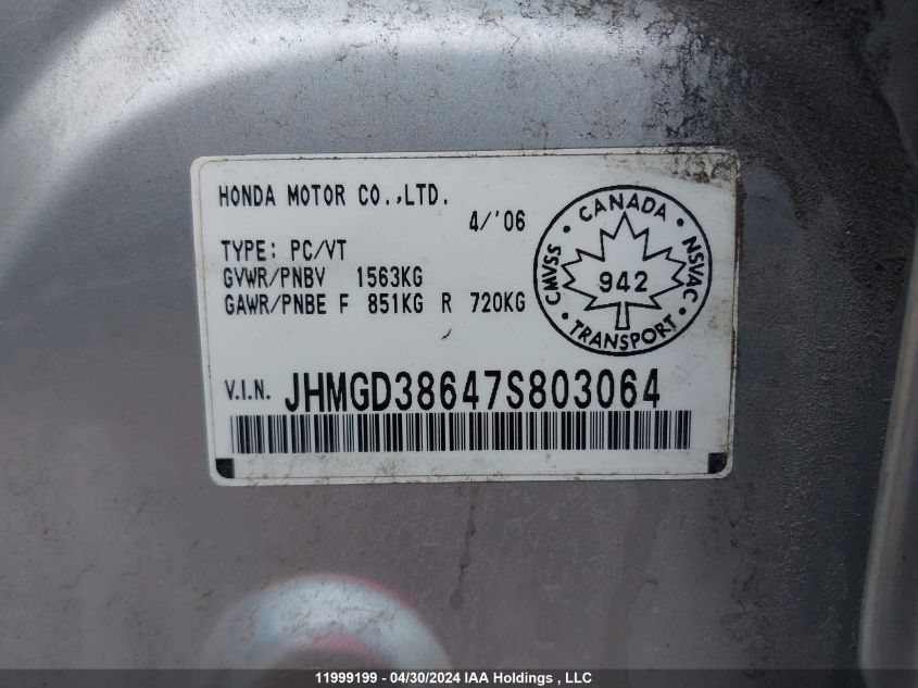 2007 Honda Fit VIN: JHMGD38647S803064 Lot: 11999199