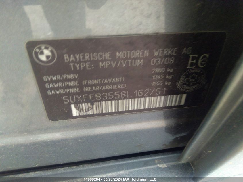 2008 BMW X5 VIN: 5UXFE83558L162751 Lot: 11999204
