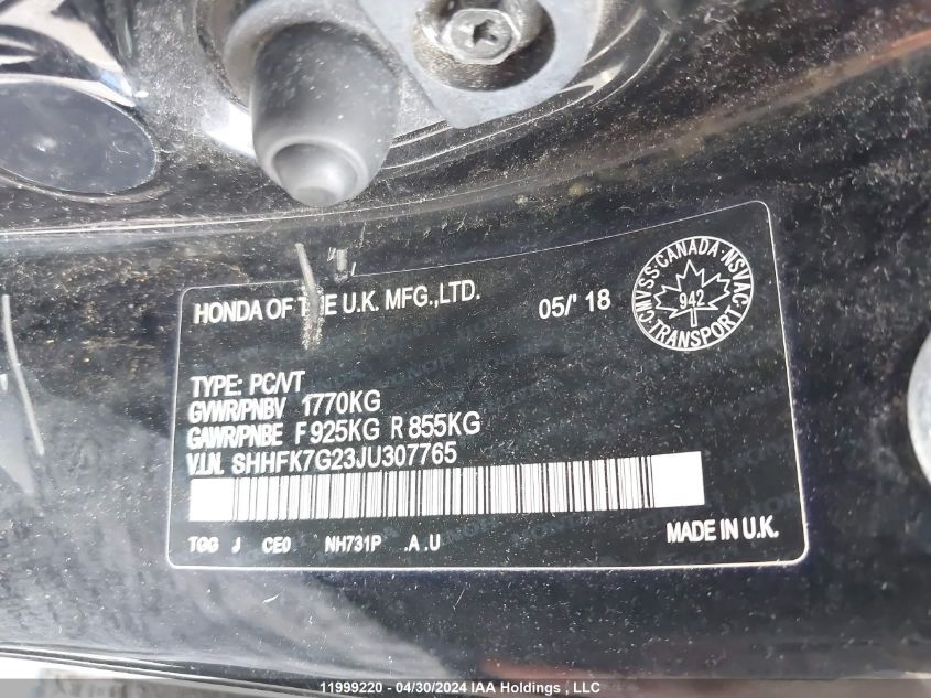 2018 Honda Civic Hatchback VIN: SHHFK7G23JU307765 Lot: 11999220