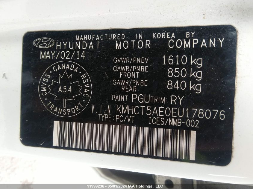 2014 Hyundai Accent Gls/Gs VIN: KMHCT5AE0EU178076 Lot: 11999236