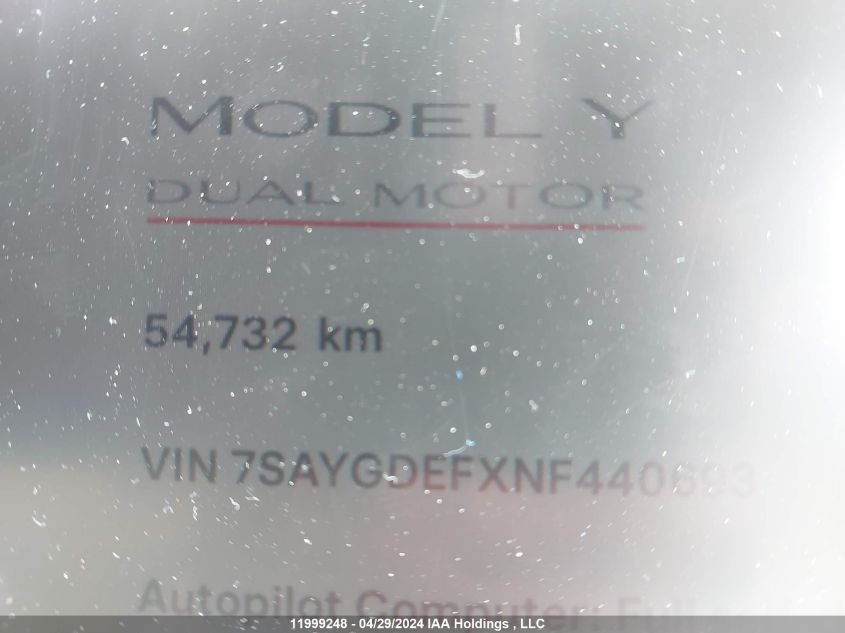 2022 Tesla Model Y VIN: 7SAYGDEFXNF440693 Lot: 11999248