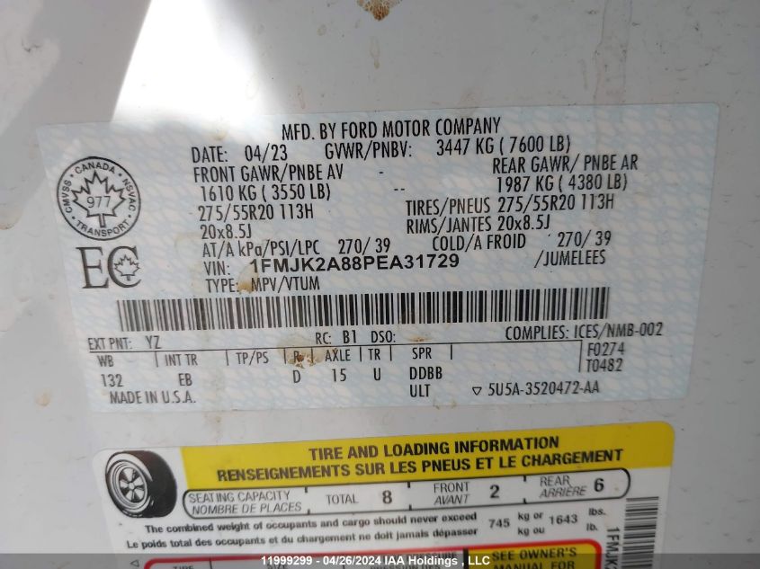 2023 Ford Expedition Max Limited VIN: 1FMJK2A88PEA31729 Lot: 11999299