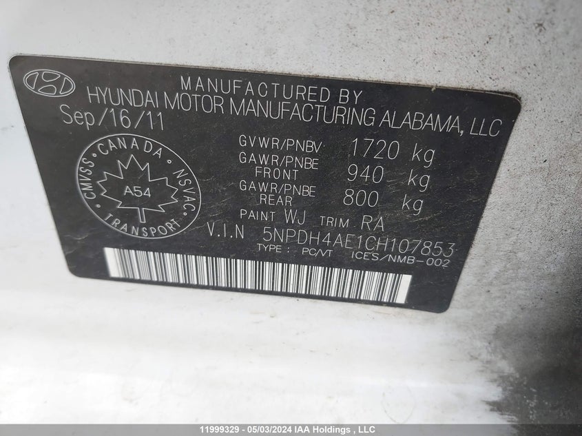 2012 Hyundai Elantra Gls VIN: 5NPDH4AE1CH107853 Lot: 11999329