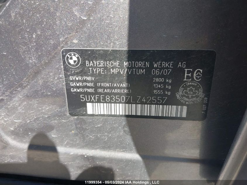 2007 BMW X5 VIN: 5UXFE83507LZ42557 Lot: 11999354