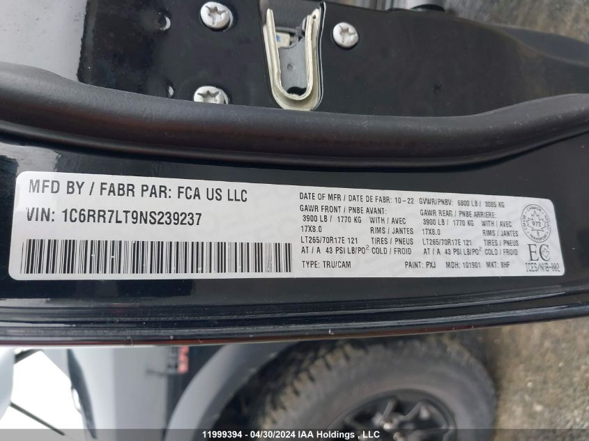 2022 Ram 1500 Classic Slt VIN: 1C6RR7LT9NS239237 Lot: 11999394