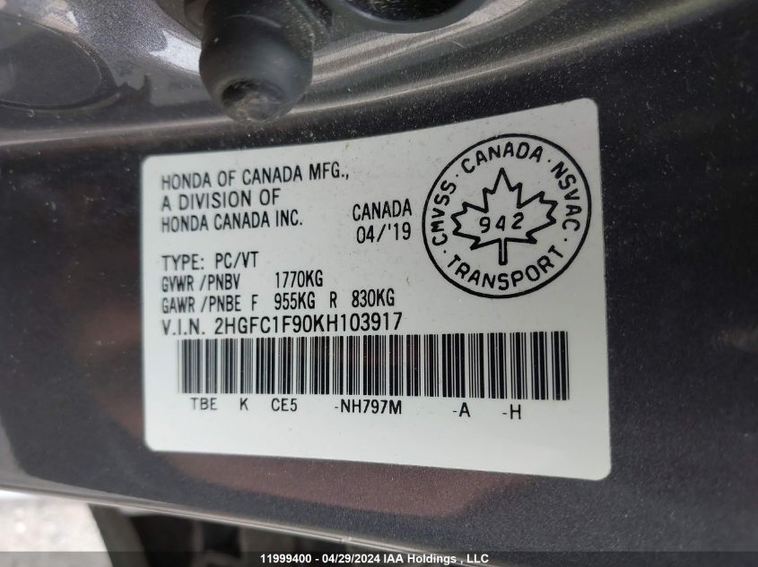 2019 Honda Civic VIN: 2HGFC1F90KH103917 Lot: 11999400