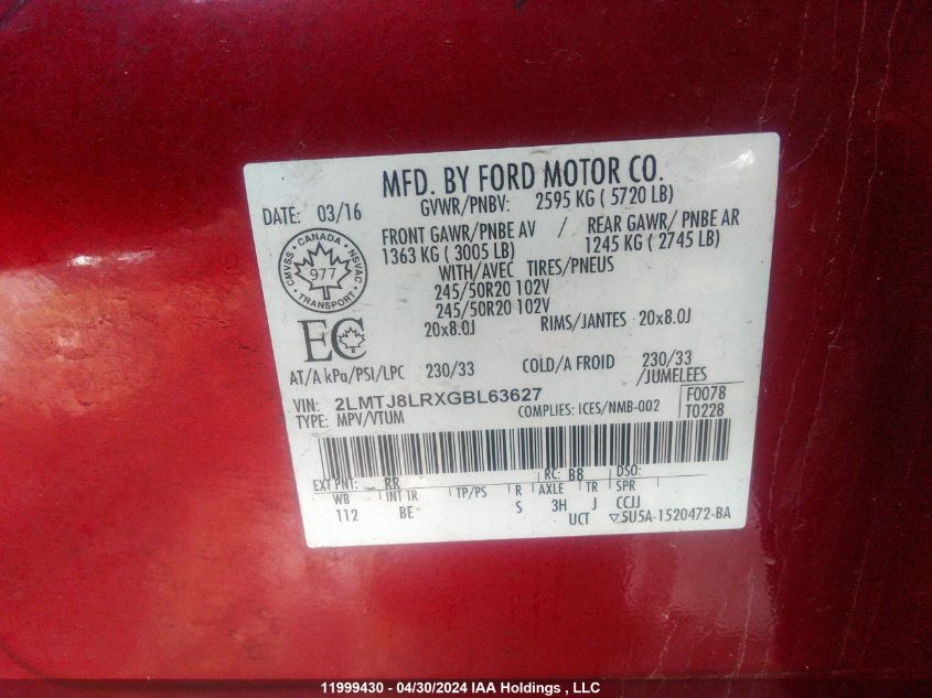 2016 Lincoln Mkx Reserve VIN: 2LMTJ8LRXGBL63627 Lot: 11999430