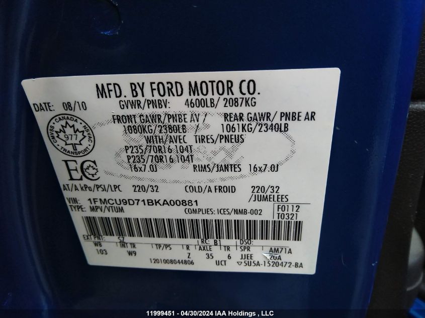 2011 Ford Escape VIN: 1FMCU9D71BKA00881 Lot: 11999451