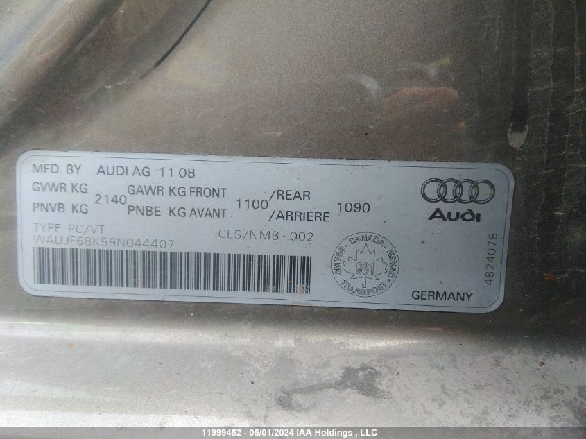 2009 Audi A4 VIN: WAUJF68K59N044407 Lot: 11999452