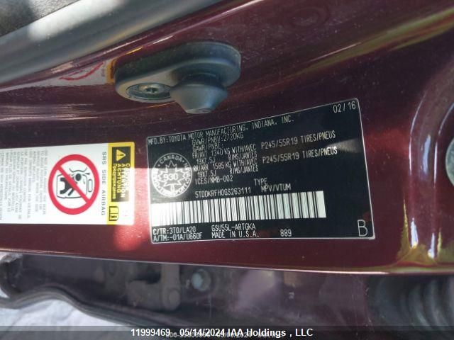 2016 Toyota Highlander Limited/Ltd Platinum VIN: 5TDDKRFH0GS263111 Lot: 11999469