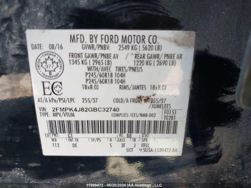 2016 Ford Edge VIN: 2FMPK4J82GBC32740 Lot: 11999472