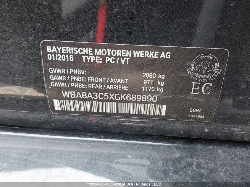 2016 BMW 3 Series VIN: WBA8A3C5XGK689890 Lot: 11999478