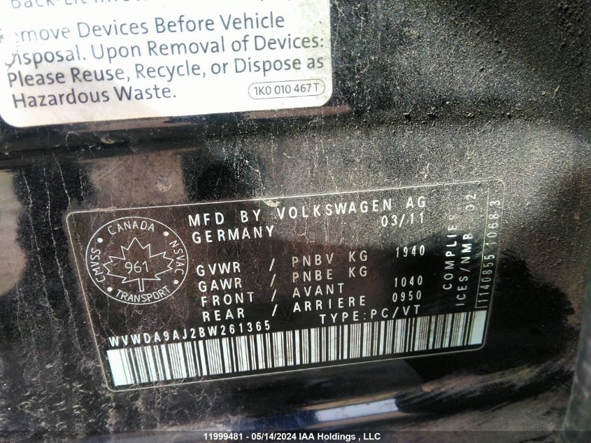 2011 Volkswagen Golf VIN: WVWDA9AJ2BW261365 Lot: 11999481